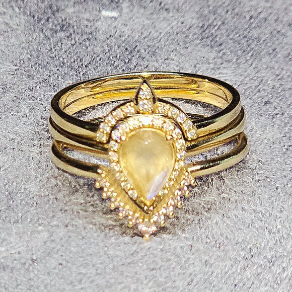 14K Yellow Gold Triple Moonstone Alexandrite CZ Ring Set Sz 9 - Picture 2 of 10